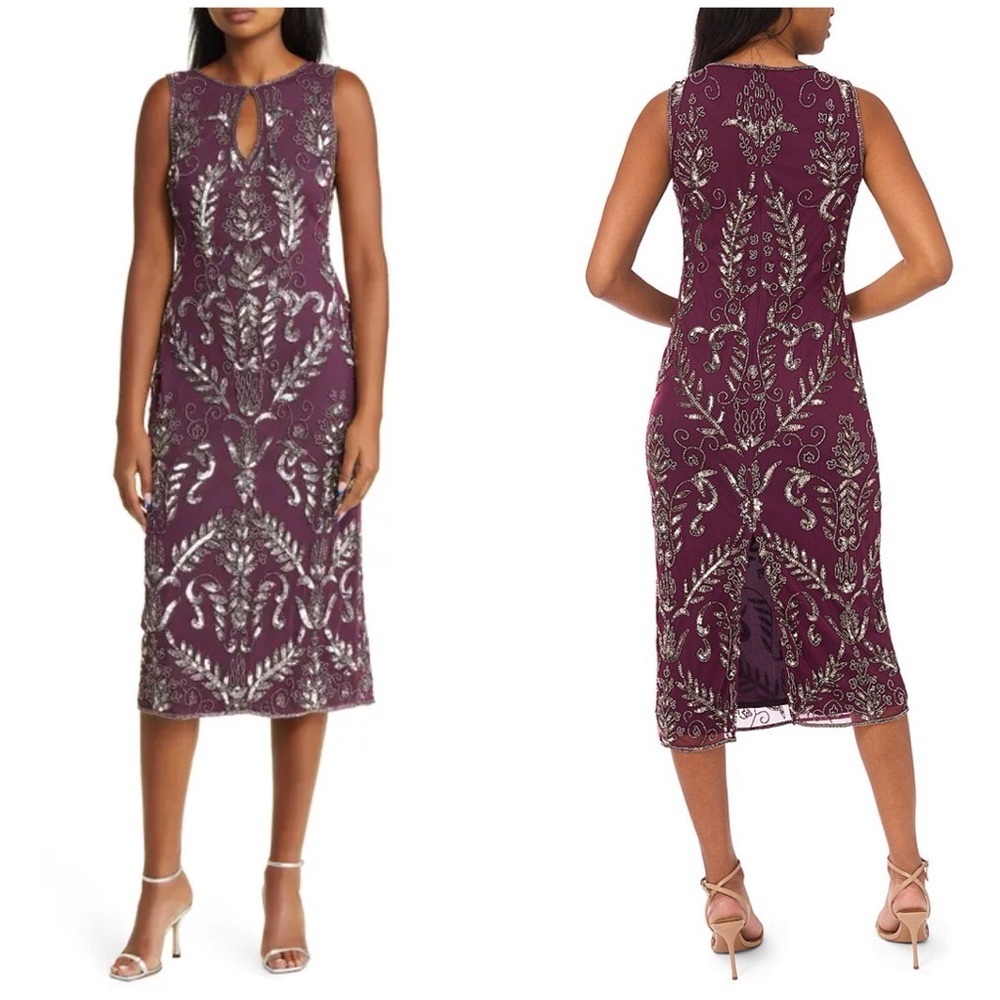 New Pisarro Nights Beaded Mesh Crew Keyhole Sleeveless Sheath Midi Dress 6